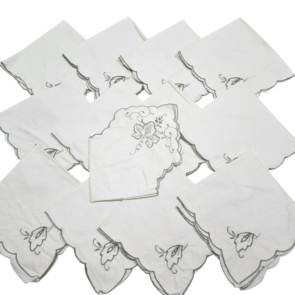 Vintage MCM Linen Embroidered Table 12‎ Napkins Table Centerpiece Set White Gray